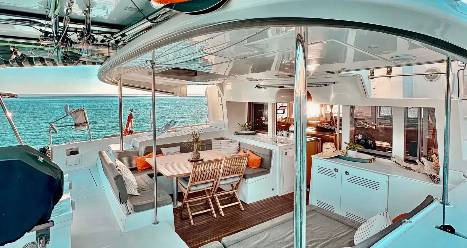 view inside catamaran with amenities